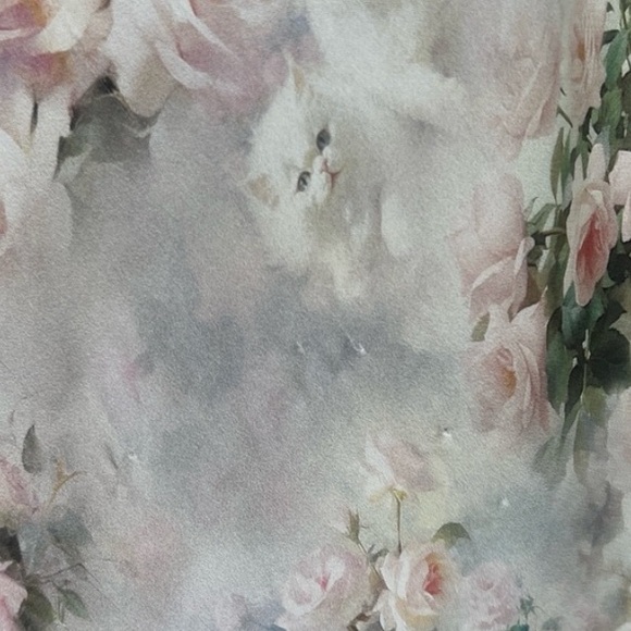 💕Selkie🐱The Poet Pink Puff Sleeve 100% Silk Charmeuse Cat Print Maxi Dress - Picture 5 of 16